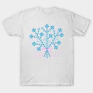 Winter blue flower bouquet with long pink ribbon, version four T-Shirt